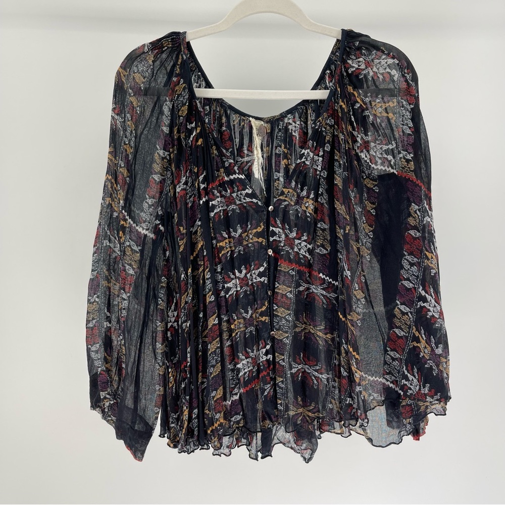 Free People One Oversized Button-Down Semi-Sheer Southwestern Printed Top